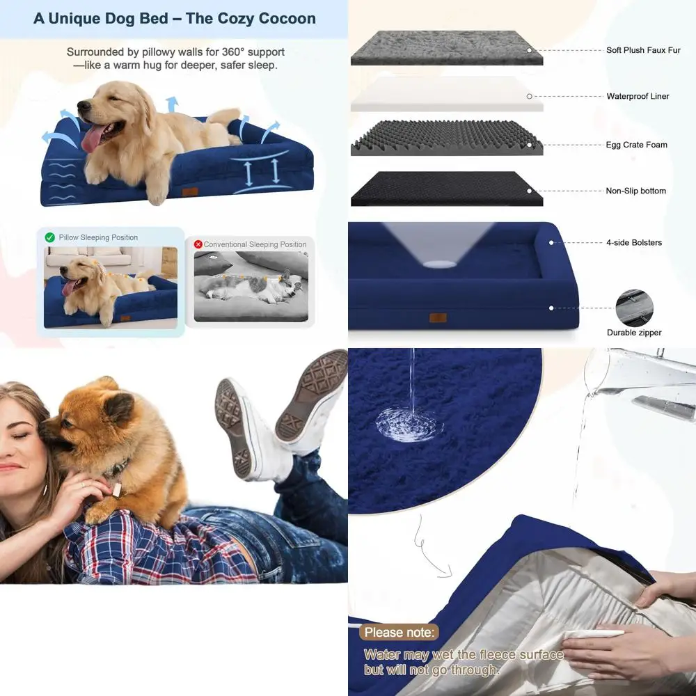 

Большая ортопедическая водонепроницаемая лежанка для собак со съемным моющимся чехлом, нескользящим бортиком, синяя