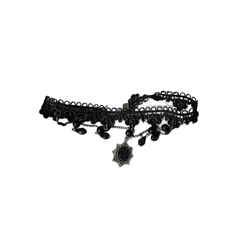 قلادة دلاية دانتيل للأميرة القوطية للنساء ، تقليد القطرات ، شرابة كريستال ، دانتيل عتيق داكن ، أسود #4
