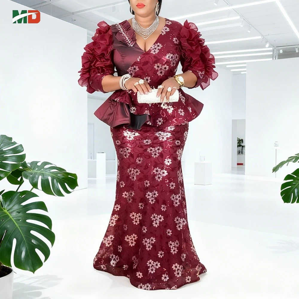 

MD African Dresses For Woman Plus Size Peplum Mermaid Turkey Dress Ruffled Sleeves Sequin Floral Gown Wedding Party Evening Robe