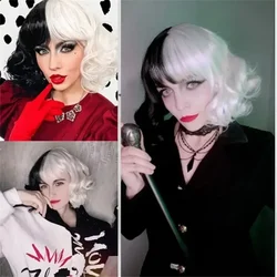 CRUELLA Deville De Vil Black White With Bangs Short Bob Heat Resistant Hair Wig Cosplay Halloween Costume Party Wig