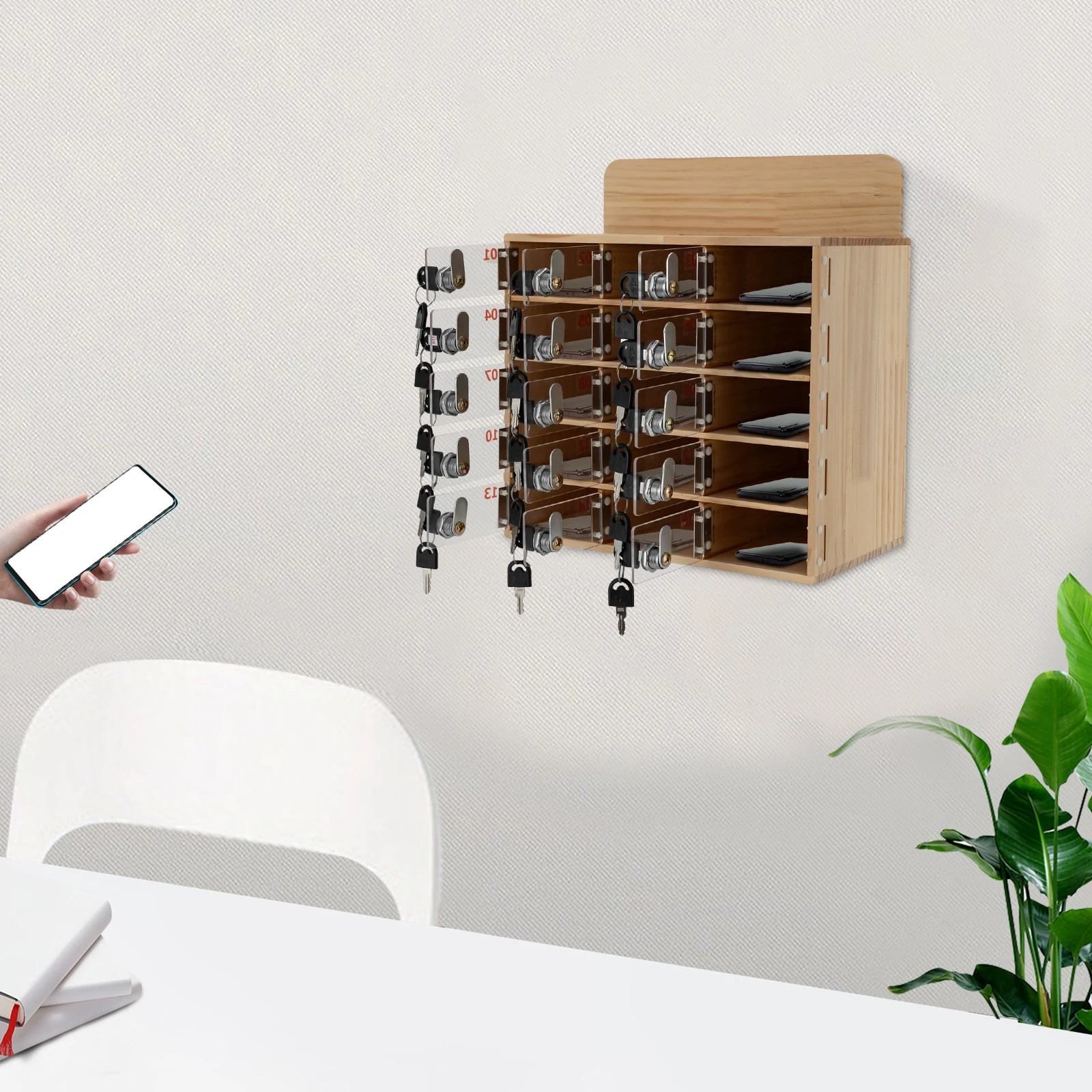 

Log Color Solid Wood 32x19x28cm Cell Phone Storage Cabinet 15 Key Acrylic Door Safe Deposit Box