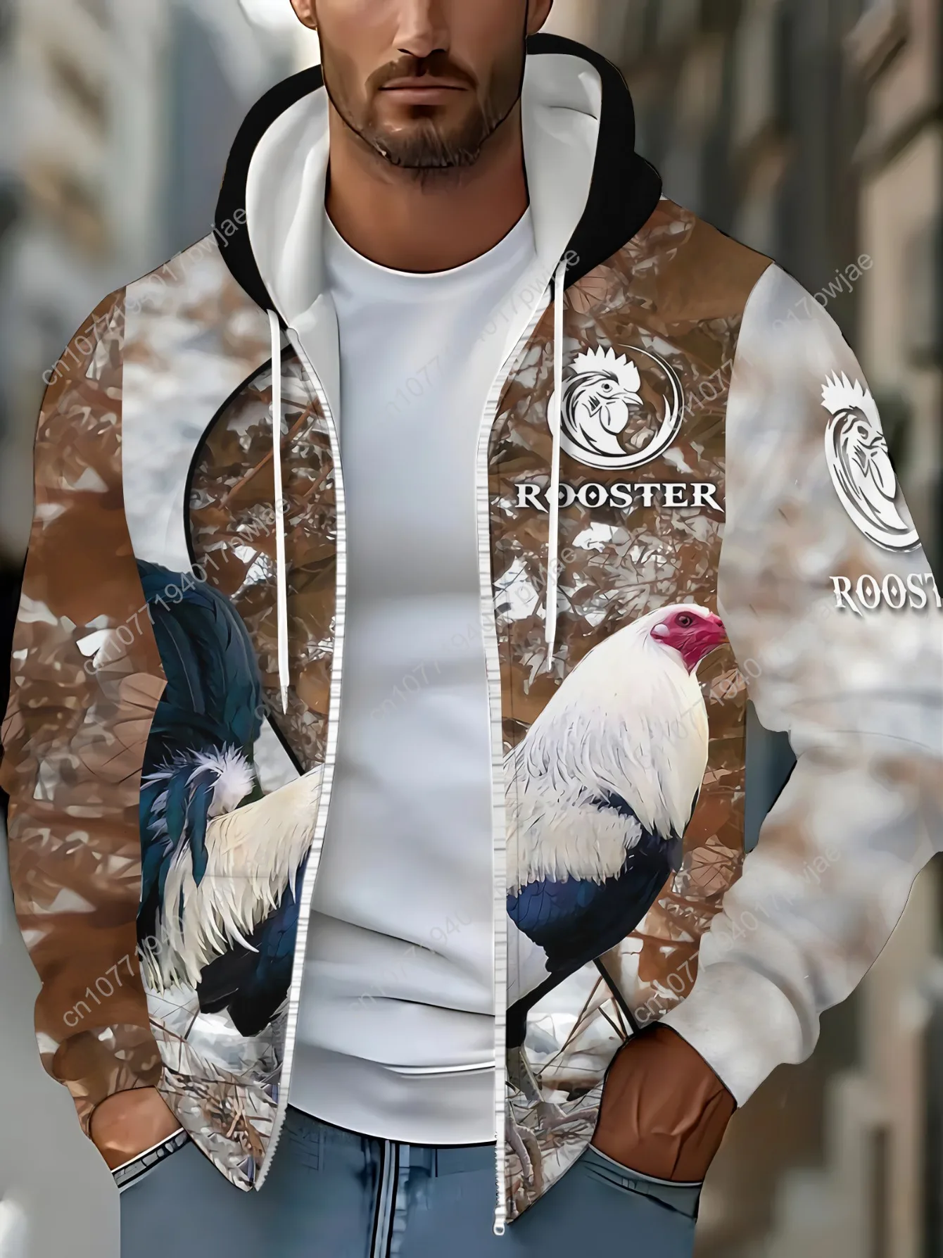 Herren-Kapuzenpullover mit künstlerischem Hahn-Print und Reißverschluss – durchgehendes Grafikdesign, normale Passform mit Kordelzug, Kapuze und Taschen, maschinenwaschbar