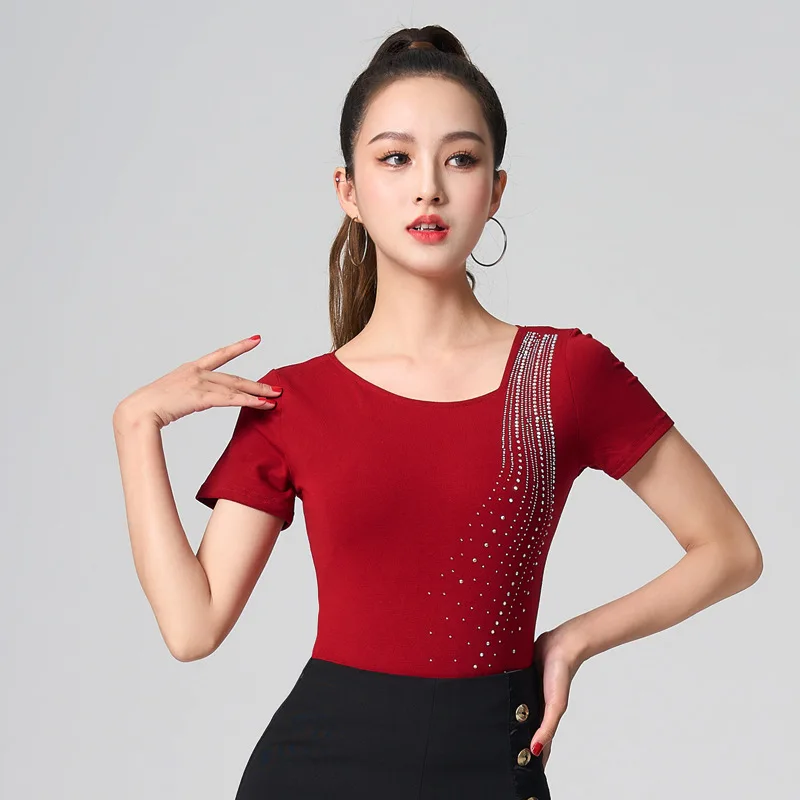 New Latin Dance Wear Samba Tango Tops Rhinestones Women Costume Prom Belly Clothes Short Sleeve Party Dresses Dance Wear T-shirt