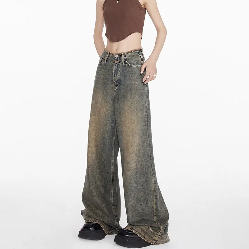 WCFCX STUDIO Y2k Streetwear Vintage Jeans 90S Baggy Wide-Leg Jeans Woman High Waist Mom Fashion Floor Trousers