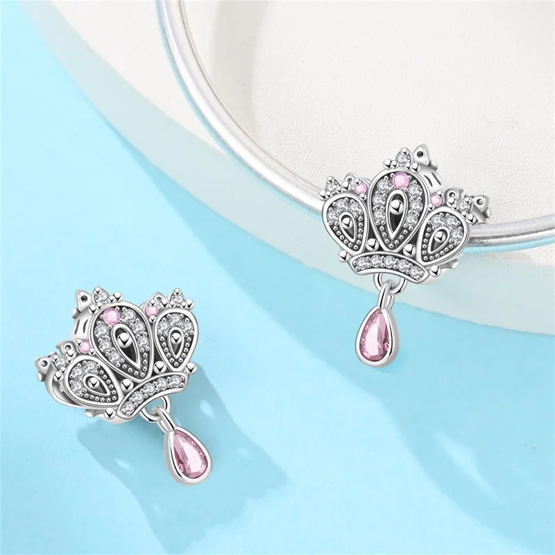 

925 Sterling Silver Pink Crown Charms Beads For Women Fit Original Bracelet DIY Valentine's Day Jewelry Gifts