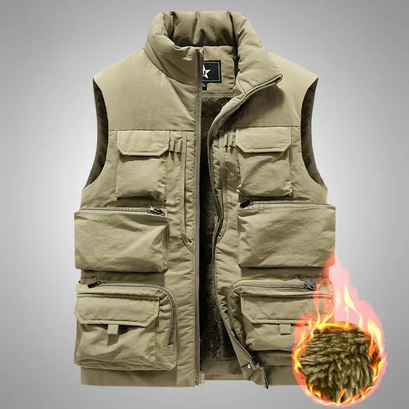 

Men's New Keep Warm Fleece Work Sleeveless Jacket Slim Fit Windbreaker Fashion Many Pocket Jacket Men Winter Sleeveless Jackets