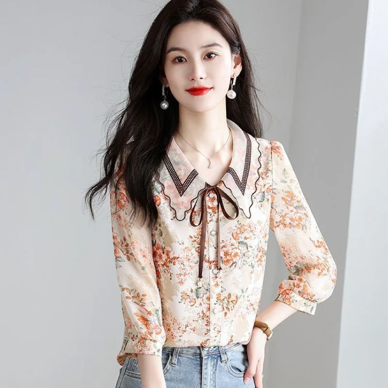 Floral Chiffon Button Blouse Summer New 3/4 Sleeve Lacing Loose Print Office All-match Shirt Tops Elegant Fashion Women Clothing