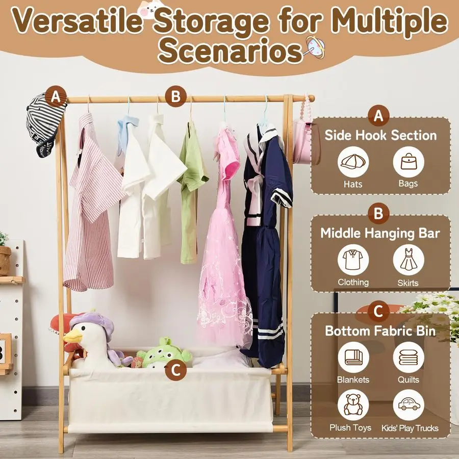 Bamboo Kids Clothing Rack with Storage Box Foldable,Kids Dress Up Rack with Hooks Rod, Organize Dress Up Storage School Uniform