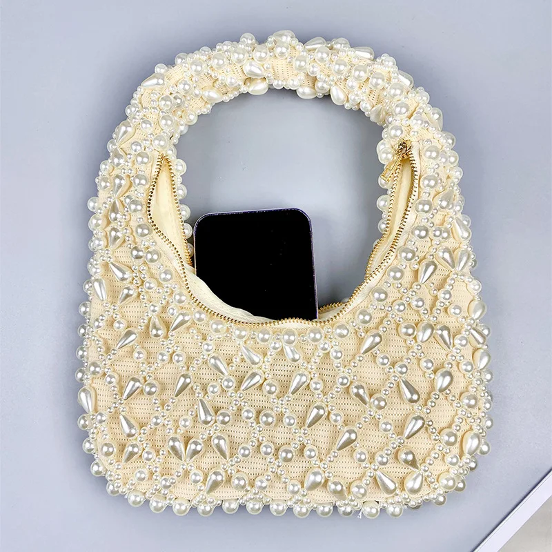 New Women\'s Bags Vintage Ins Pearl Rhinestone High Quality Ladies Handbag Handmade Beaded Knitted Commuter Underarm Shoulder Bag