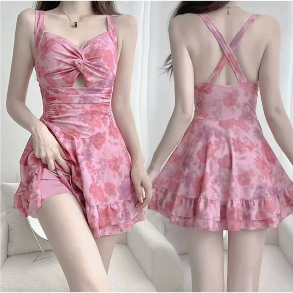 Tirantes de cintura, adelgazamiento y adelgazamiento en la playa, remojo sin espalda, traje de baño de aguas termales, traje de baño estampado de una pieza para mujer