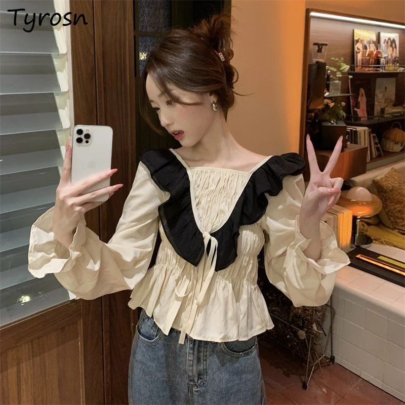 Blouses Women Patchwork Girlish Simple Spring Square Collar Elegant Sweet Students Trendy Daily Korean Style Comfortable Design