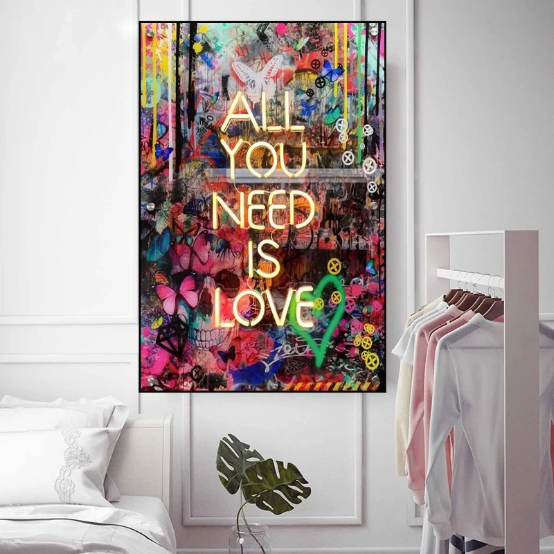 

Abstract Neon Canvas Graffiti Art What You Need is Love Neon Wall Art Posters Printmaking Modern Pictures Living Room Club Decor