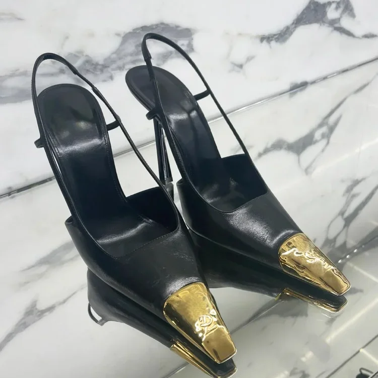 2026 Summer New Style Metal Pointed Toe Sandals Slingback Women\'s Black Sexy 7/9/11Cm Stiletto Heels Shallow Fashion High Heels