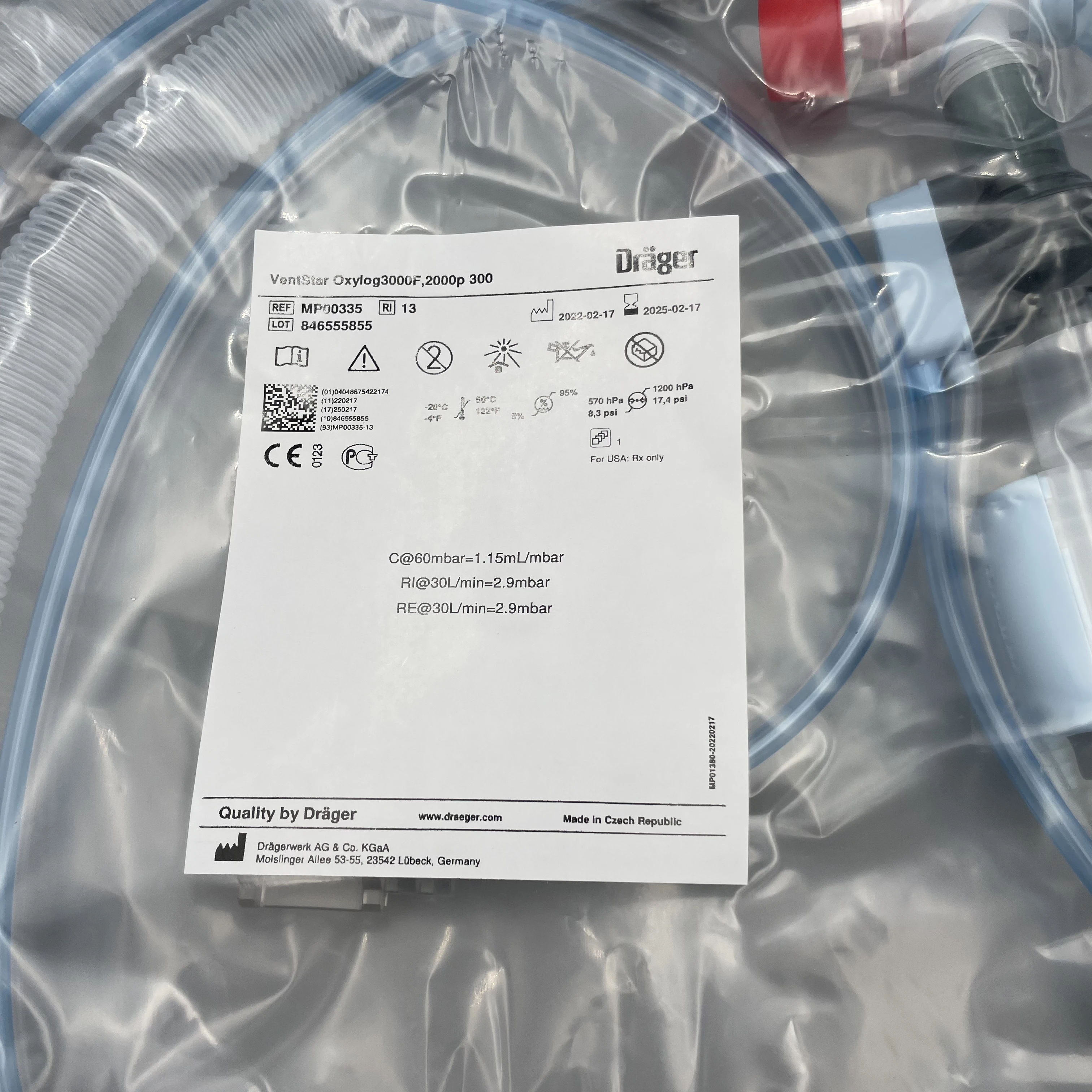 Draeger Disposable Breathing Tube MP00335 VentStar Oxylog 3000 Family 2000 Plus 300