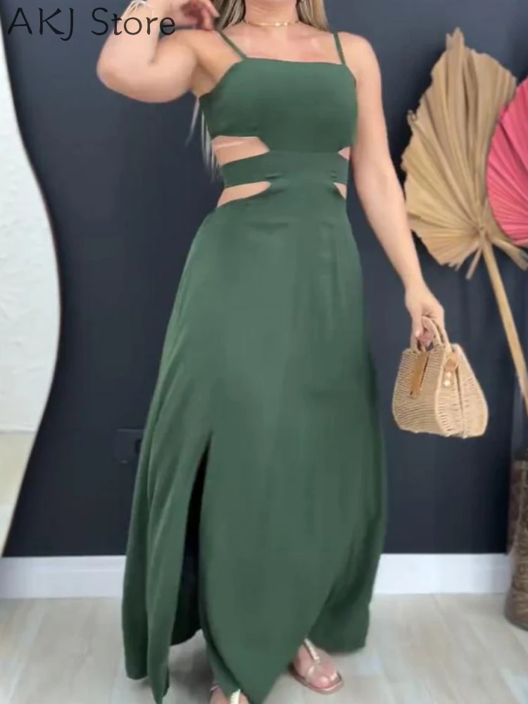 Vestido largo tipo camisola con cintura recortada y espalda atada, vestido informal de vacaciones con abertura en la cintura elástica en la espalda