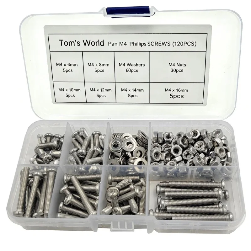 120Pcs M4 Phillips Pan Head Machine Screws Kit with Nuts And Washers Assorted Sizes 6mm to 16mm Fully Threaded for DIY Projects