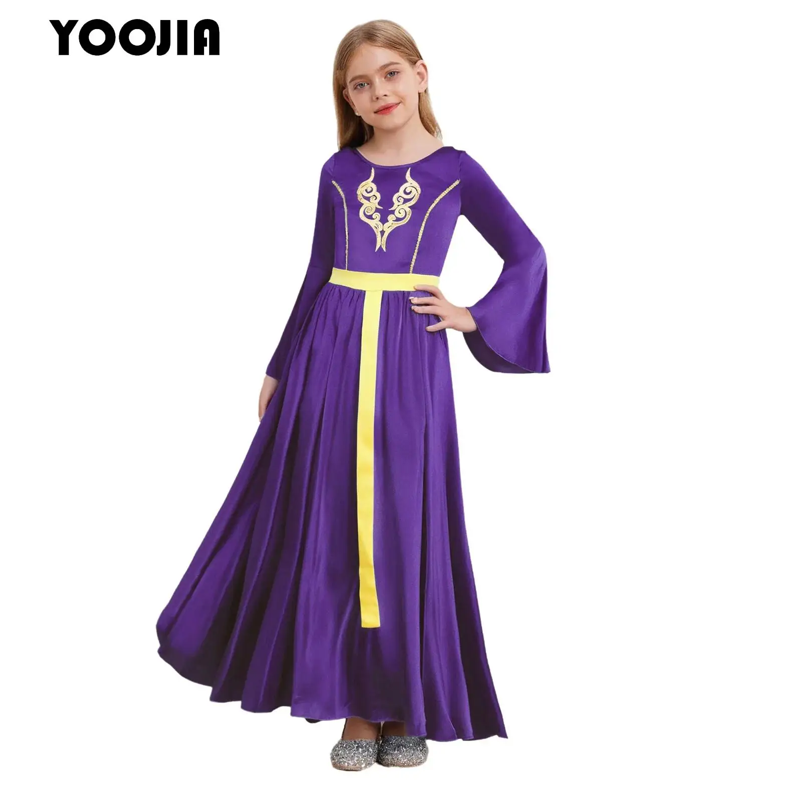 

Kids Girls Renaissance Medieval Costume Princess Vintage Dress Satin Glossy Halloween Party Shows Flare Sleeve Retro Robe Gown