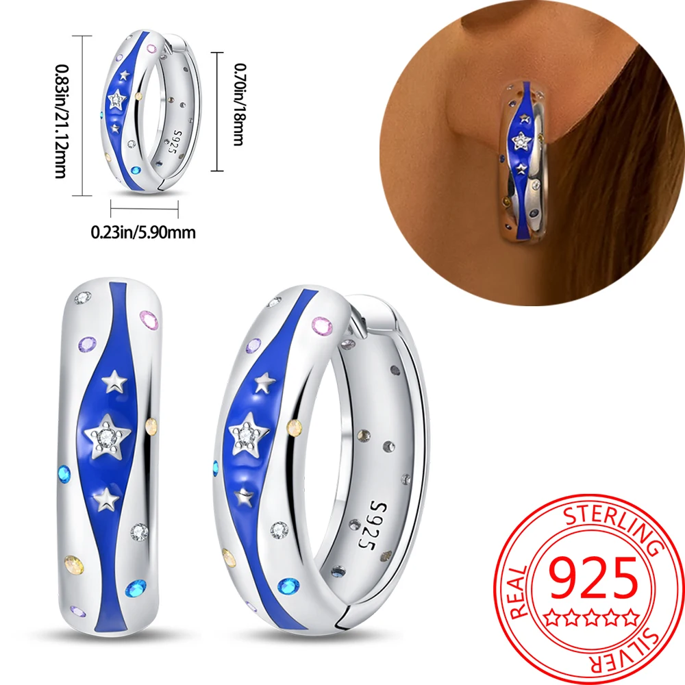 French Style 925 Sterling Silver Blue Starry Sky&Retro Water Pattern Earrings Ladies' Daily Commuting Jewelry