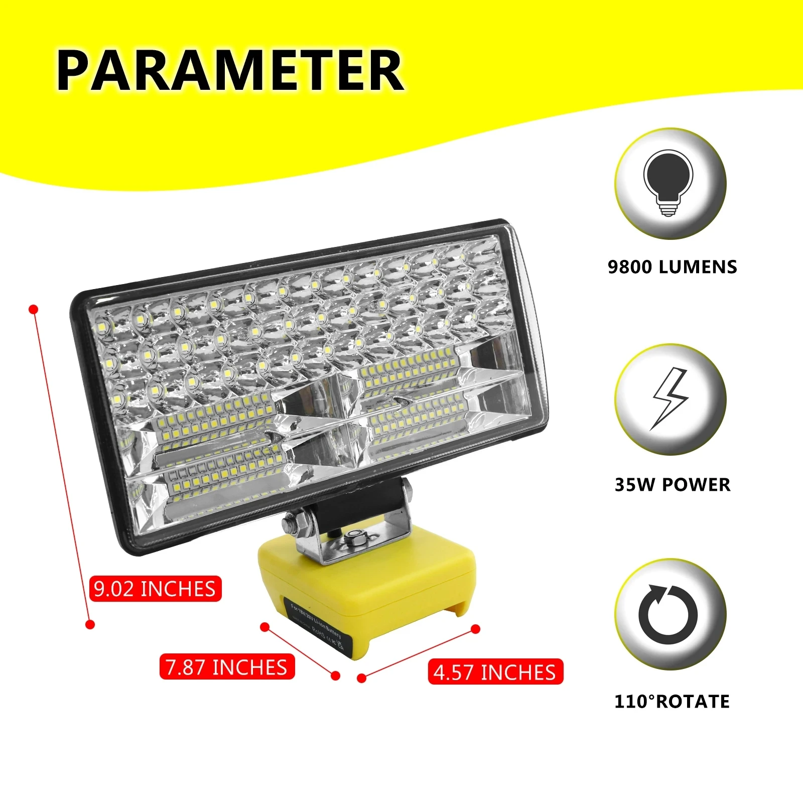 Imagem -04 - Luz de Trabalho Led para Dewalt Compatível com 18v Li-ion Bateria Luzes de Emergência Lâmpada de Iluminação Portas Usb 35w em 9800lm