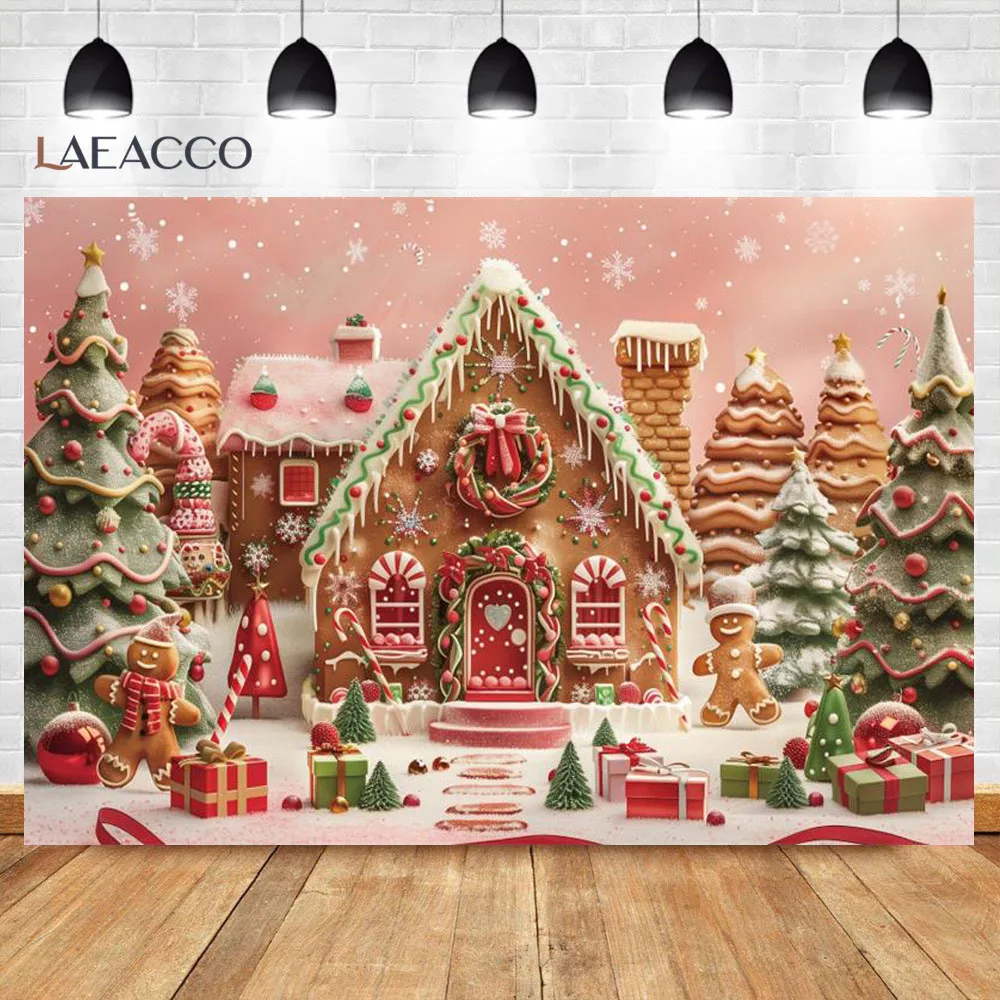 Merry Christmas Gingerbread House Photography Background Winter Snow Candy House Xmas Tree Gift Baby Portrait Photo Backdrop