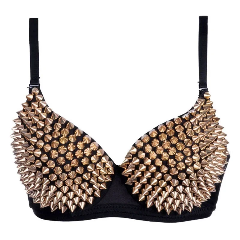 

Women Punk Rock Style Spike Rivet Punk Push Up Bras Nightclub Singer DJ Dance Stud Bra Underwear Burlesque Tops Golden Silver