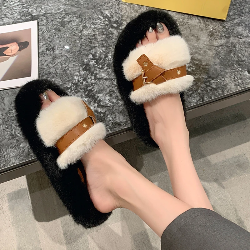 Flock Shoes Woman Fashion Designer Buckle Band Fur Slippers Cozy Mink Fur Slides Homen Shoes Open Toe Platform Furry Pantuflas