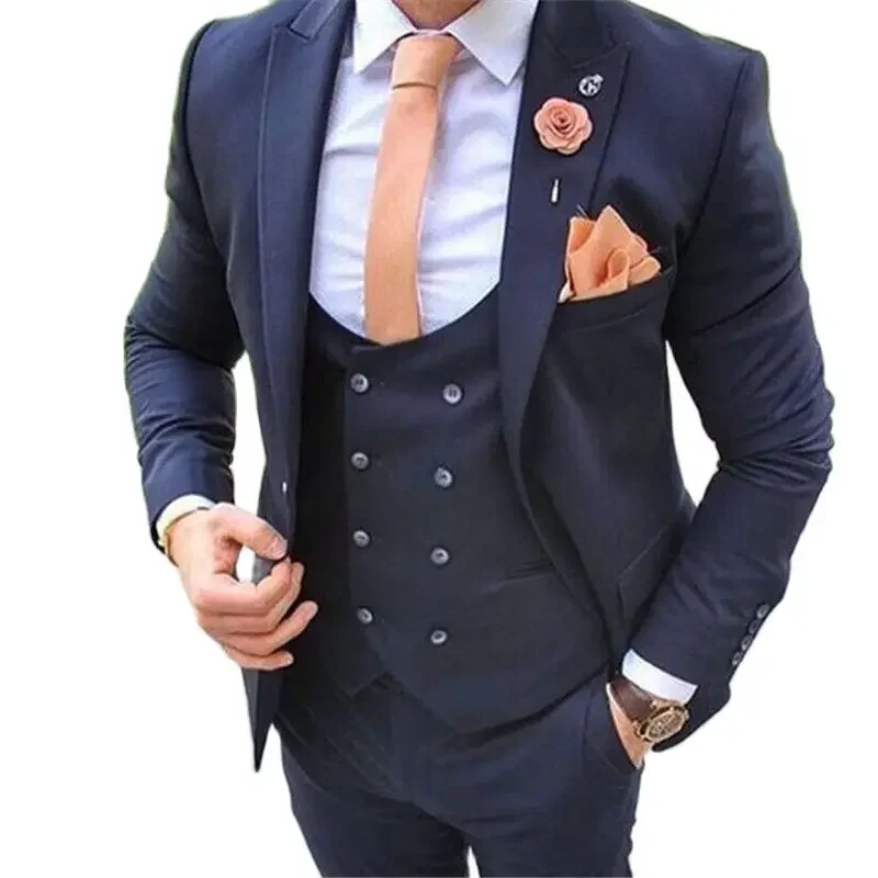 

Navy Blue Blazer Trousers Outfit Men Suits Sets 3pcs(Jacket+Pants+Vest+Tie)Terno Dinner Party Wear Prom Groom Wedding Clothing