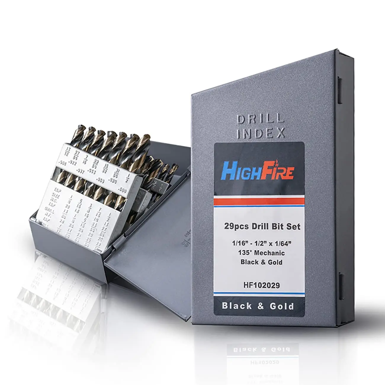 

29 PCS M2 HSS Heavy Duty Drill Bit Set, 135° Split Point, 3-Flat Shank, Black & Gold