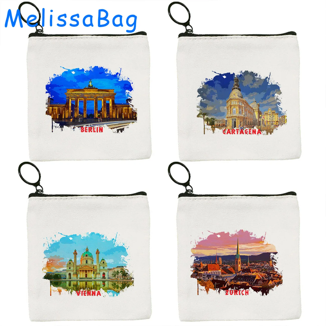 Vienna Austria Zurich Switzerland Berlin Germany Cartagena Colombia Watercolor Ink Painting Canvas Coin Purse Key Case Bag Pouch