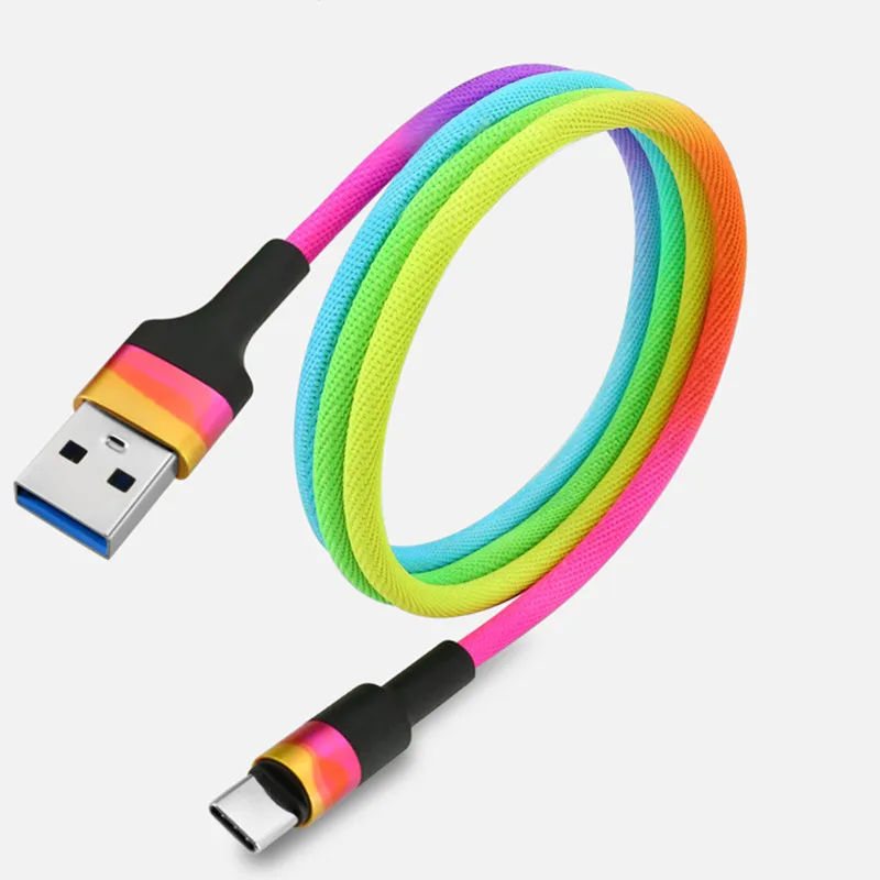 2024 New 1M Rainbow Colorful 5A Fast Charging Cable Data Cable USB to Type C Micro USB Elastic Stretch Charger Cable