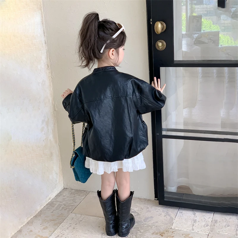 موجز نمط طفلة عادية سترة جلدية سوداء مع سحاب أطفال الأطفال بلون الخريف بولي معطف معطف جلد 2 3 4 5 6 7 8 9 Y