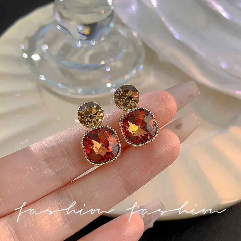 New Sugar Crystal Champagne Black Color Geometry Square Round Drop Earring for Women New Party Jewelry Christmas Girl Gift