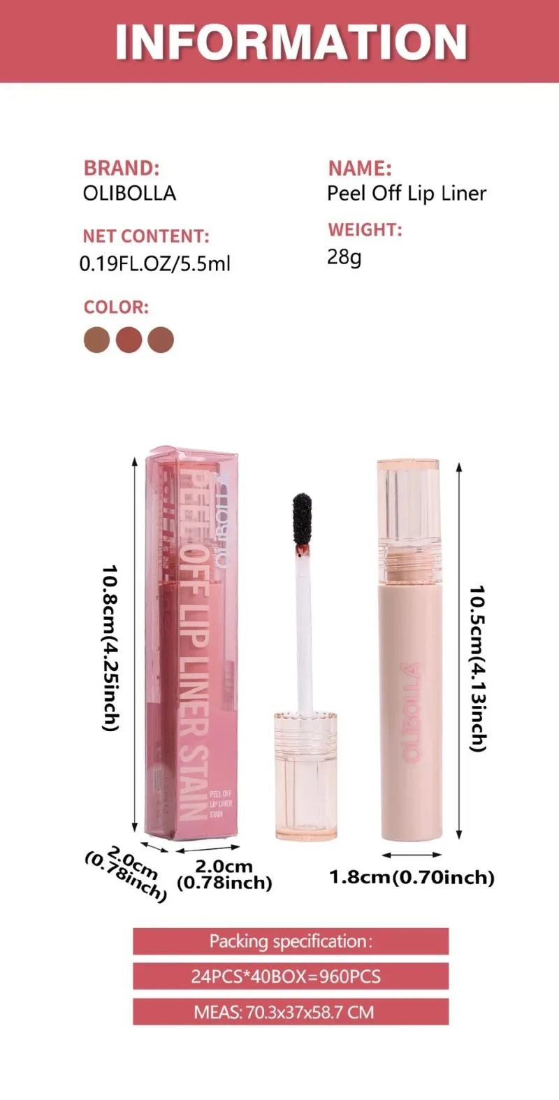 Abziehbarer Lippenstift: Langanhaltender, wasserfester, pink-roter Lippenkontur-Tint, transferfest, nicht abfärbend, für volle Lippen – Lipgloss-Make-up – Detail 3