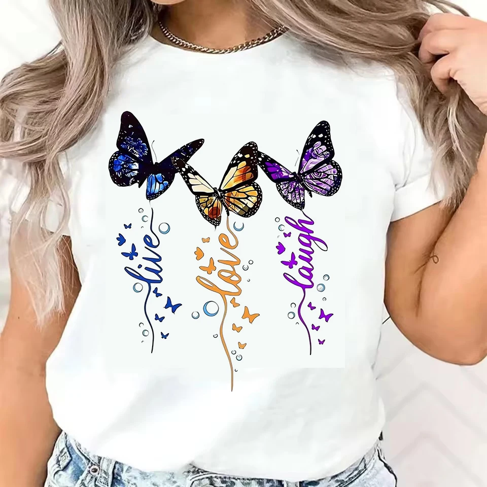 Lässiges Kurzarm-T-Shirt für Damen mit Schmetterlings-Liebes-Grafikdruck und Leopardenherz, Eiskaffee-Design, Rundhals-T-Shirt