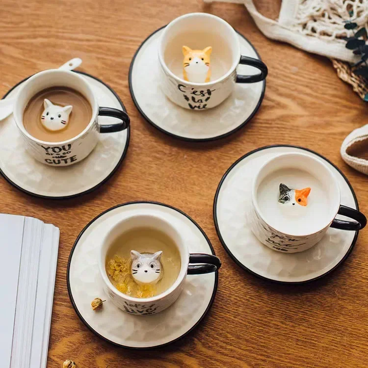 Cute Kitten Ceramic Cat Claw Cup Dishes Ceramic Mug for Couples and Children Drinking Milk Afternoon Tea Coffee Cups with Plates