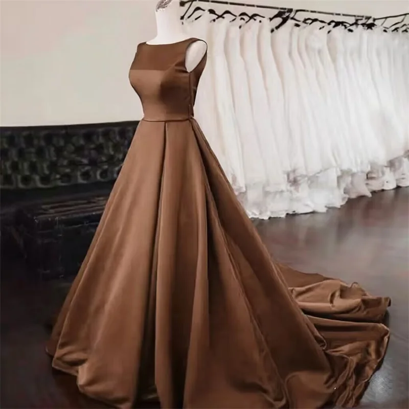 Customized Women's Scoop Neck Sweep Train Prom Dresses Backless A-line Simple Satin Long Formal Evening Party Dress with Pockets