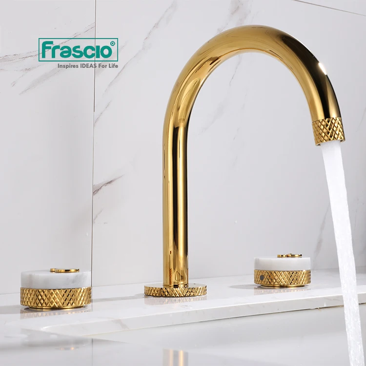 Luxury 3-Hole Basin Faucet Double Faucet Marble Gold Hot Cold Water Mixer for Bathroom Sink Ceramic Valve for Bedroom