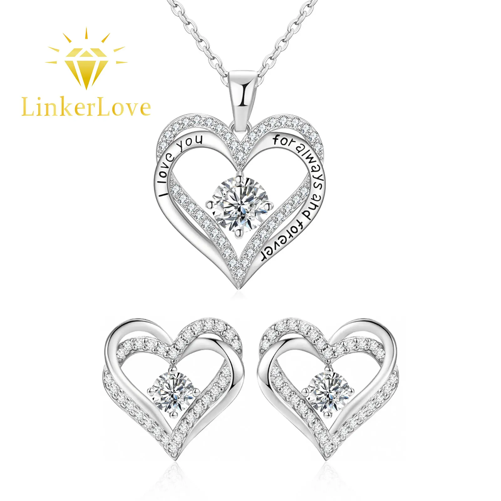 

LinkerLove Moissanite Heart Pendant Jewelry Set 925 Sterling Silver Diamond Heart Necklace Stud Earrings for Women Romantic Gift