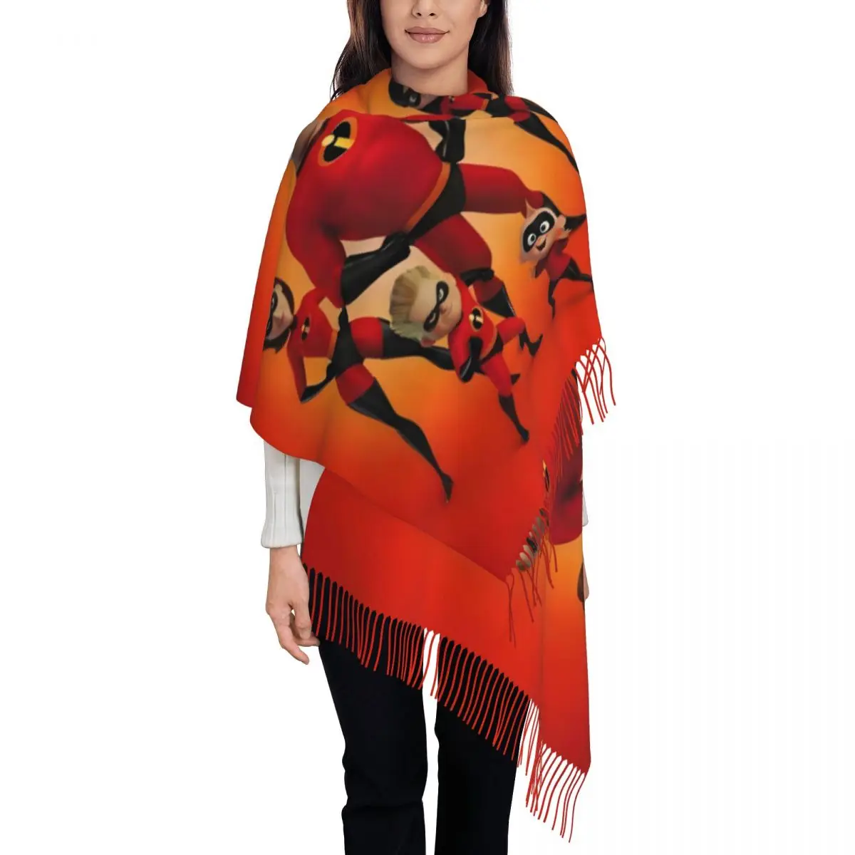 

Женские большие шарфы супергероя из фильма «Суперсемейка», женские зимние мягкие теплые шаль с кисточками, милый мультяшный шарф в стиле аниме