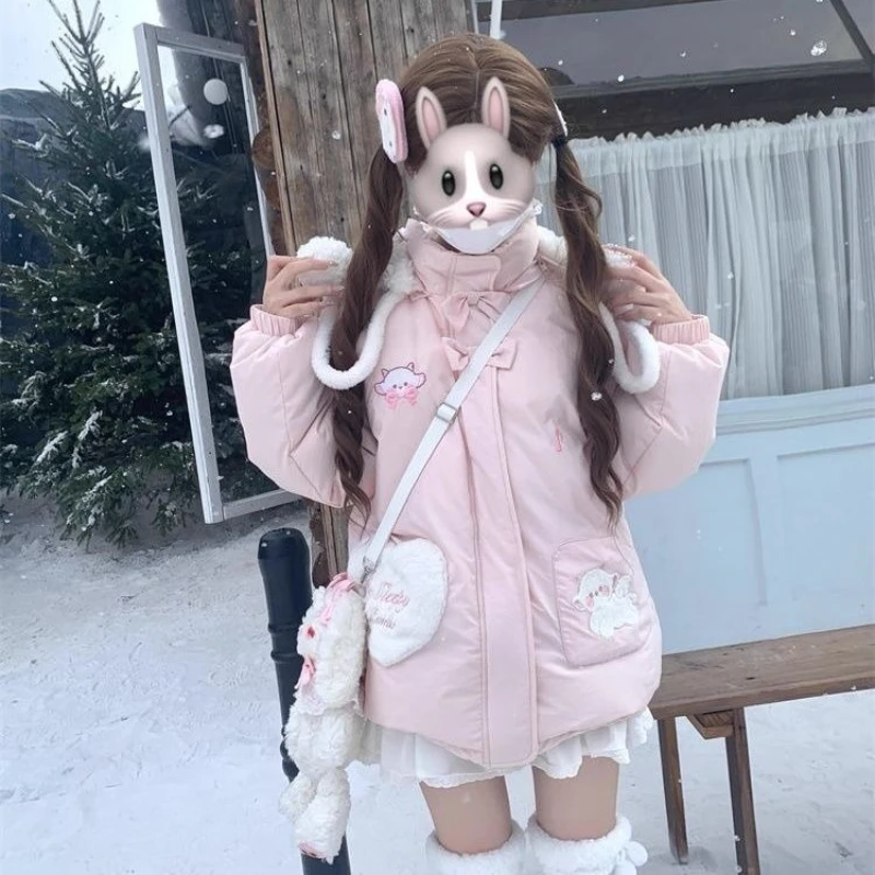 Japanese Kawaii Lolita Style Women Parka Harajuku Zippers Rabbit Ears Hooded Jacket  Y2k Aesthetic Velvet Lined Down Padded Coat