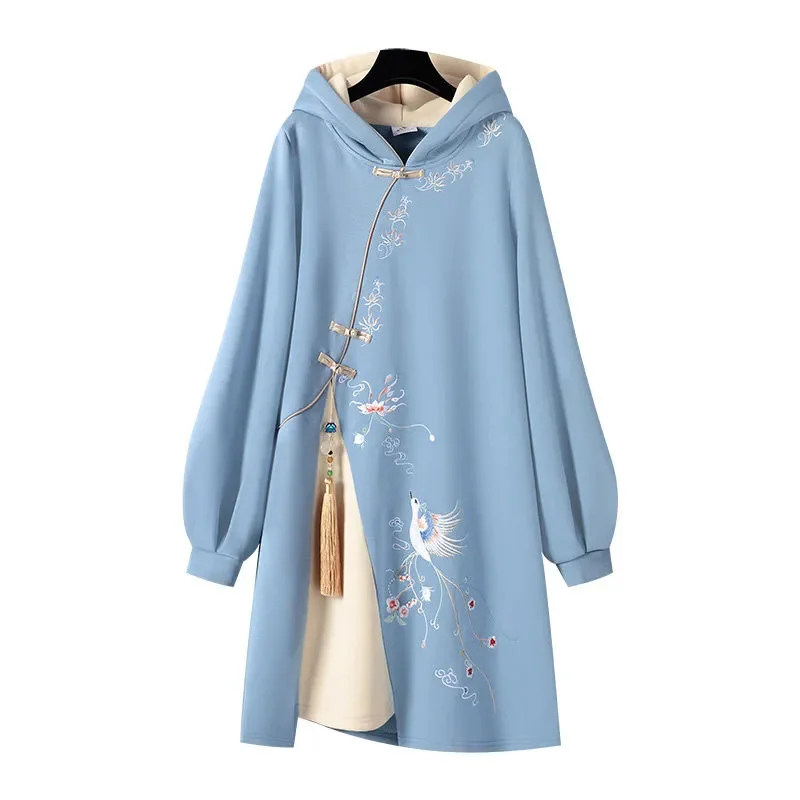 

Spring Autumn Mid-Long Hoodie Women 2024 New Loose Chinoiserie Hooded Top Fashion Embroidery Coil Buckle Tassels Dress Female