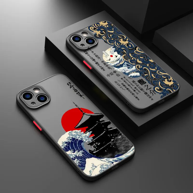 Japanese Art Waves For iPhone 15 14 13 12 11 Pro Max XS Max X XR 7 8 Plus 6S 5S Frosted Translucent Funda Cover Phone Case