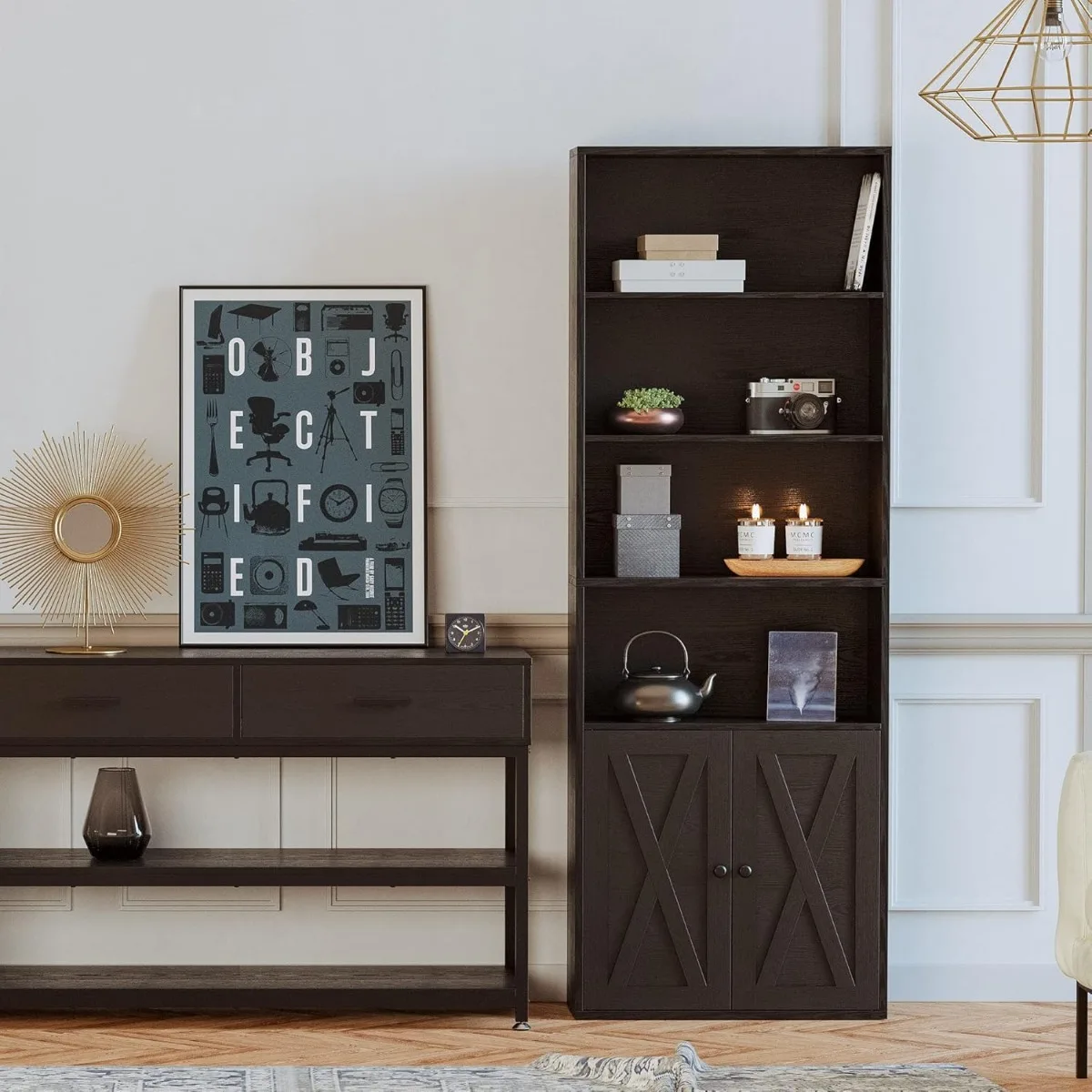 خزانة كتب صناعية ذات سعة كبيرة، بارتفاع 70 بوصة، 6 أرفف مع أبواب، مناسبة لتنظيم المكاتب