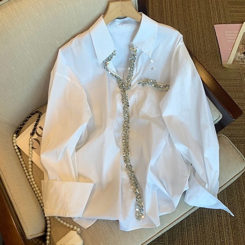 

Harajuku Heavy Diamond White Shirt Women 2025 Early Autumn New Blusas Mujer Y2k E-girls Loose Long Sleeve Casual Blouses