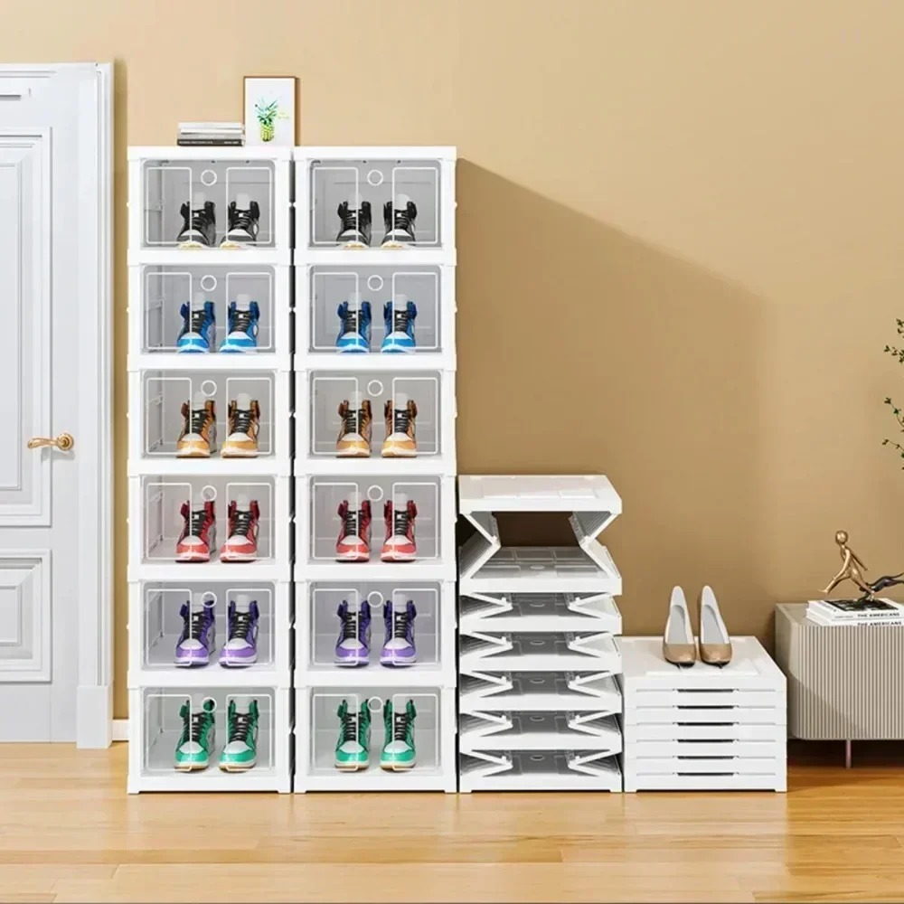 Foldable Shoe Box Storage Organizer Dustproof Stackable Transparent Sneaker Rack for Living Room Installation Free Shoes Cabinet