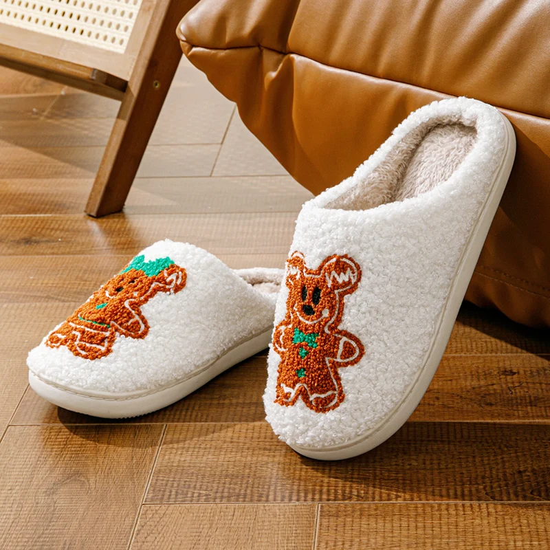 SHAJI Unisex Lebkuchen-Weihnachts-Plüschpantoffeln Warm Gemütlich Leicht Geräuscharm Hausschuhe für Weihnachtsgeschenk – Detail 5