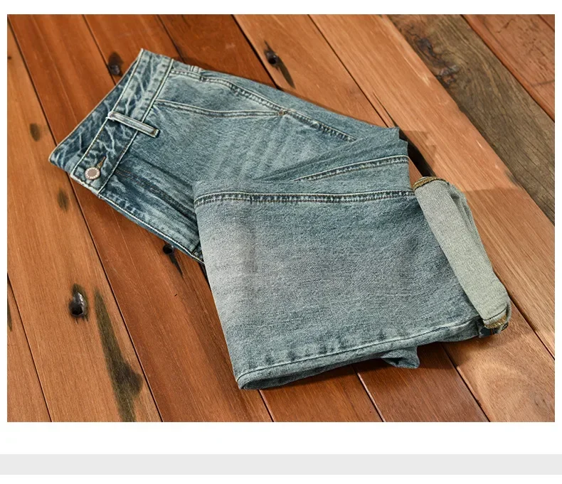 الكلاسيكية أزياء رجالي الأزرق الدنيم بانت شارع العليا الرجعية غسلها فضفاض الجينز القطن كامل طول مستقيم الجينز عارضة الدنيم بنطلون #6