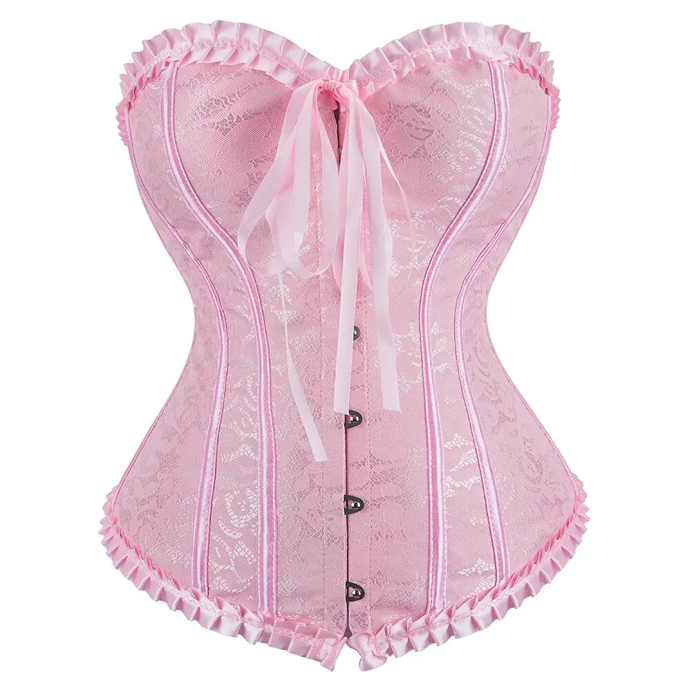 Pink Corset For Women Overbust Push Up Bustier Top Jacquard Ruffled Trim Boned Sexy Gothic Corselet