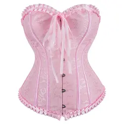 Pink Corset For Women Overbust Push Up Bustier Top Jacquard Ruffled Trim Boned Sexy Gothic Corselet