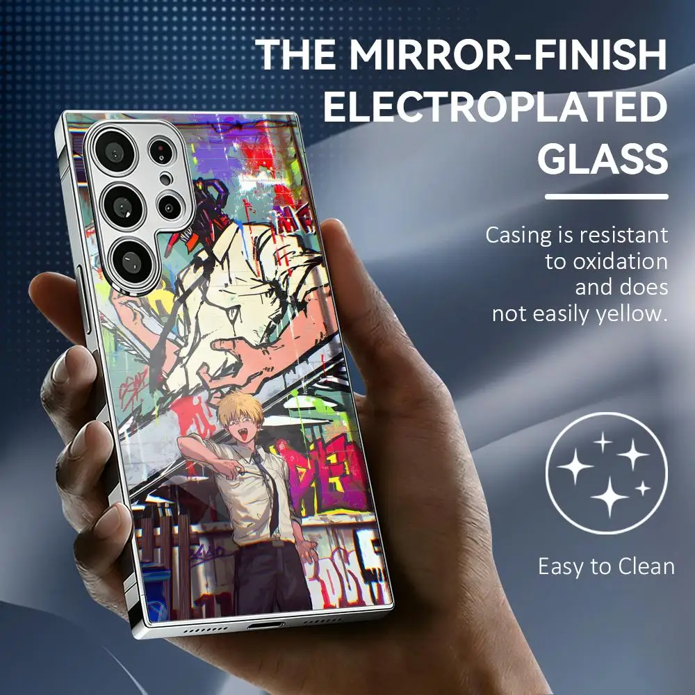 C-Chainsaw Man Anime Phone Case For Samsung Galaxy S25 S24 S23 Ultra Electroplated Metal Frame Shockproof Cover Phone Case